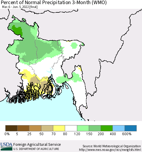 Bangladesh Percent of Normal Precipitation 3-Month (WMO) Thematic Map For 3/6/2022 - 6/5/2022