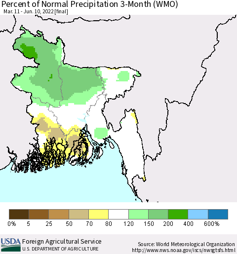 Bangladesh Percent of Normal Precipitation 3-Month (WMO) Thematic Map For 3/11/2022 - 6/10/2022