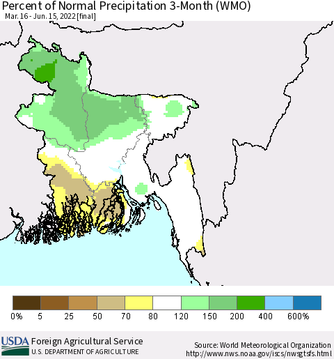 Bangladesh Percent of Normal Precipitation 3-Month (WMO) Thematic Map For 3/16/2022 - 6/15/2022