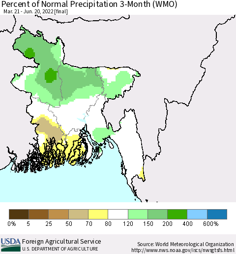 Bangladesh Percent of Normal Precipitation 3-Month (WMO) Thematic Map For 3/21/2022 - 6/20/2022