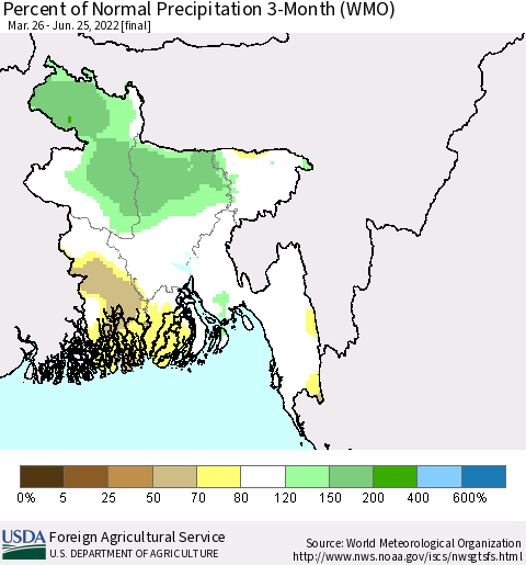 Bangladesh Percent of Normal Precipitation 3-Month (WMO) Thematic Map For 3/26/2022 - 6/25/2022