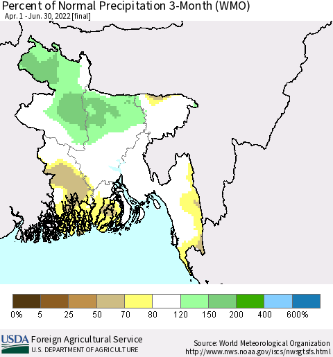 Bangladesh Percent of Normal Precipitation 3-Month (WMO) Thematic Map For 4/1/2022 - 6/30/2022