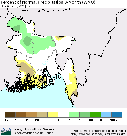 Bangladesh Percent of Normal Precipitation 3-Month (WMO) Thematic Map For 4/6/2022 - 7/5/2022