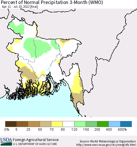 Bangladesh Percent of Normal Precipitation 3-Month (WMO) Thematic Map For 4/11/2022 - 7/10/2022