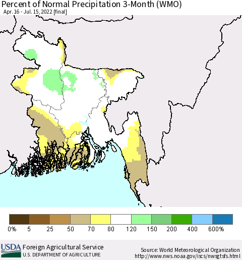 Bangladesh Percent of Normal Precipitation 3-Month (WMO) Thematic Map For 4/16/2022 - 7/15/2022
