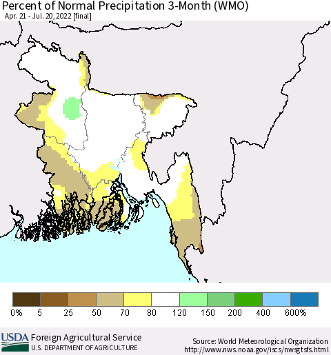 Bangladesh Percent of Normal Precipitation 3-Month (WMO) Thematic Map For 4/21/2022 - 7/20/2022
