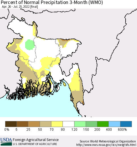 Bangladesh Percent of Normal Precipitation 3-Month (WMO) Thematic Map For 4/26/2022 - 7/25/2022