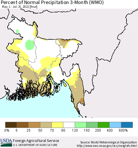 Bangladesh Percent of Normal Precipitation 3-Month (WMO) Thematic Map For 5/1/2022 - 7/31/2022