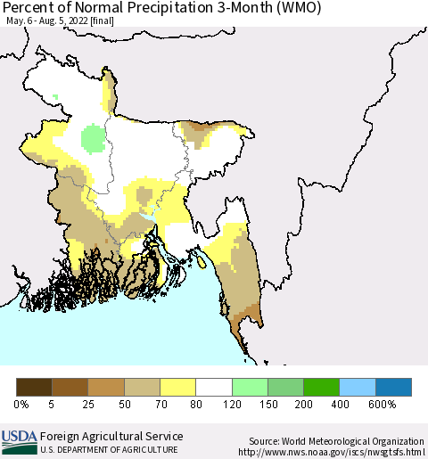 Bangladesh Percent of Normal Precipitation 3-Month (WMO) Thematic Map For 5/6/2022 - 8/5/2022