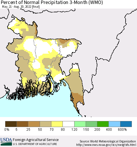 Bangladesh Percent of Normal Precipitation 3-Month (WMO) Thematic Map For 5/21/2022 - 8/20/2022