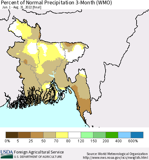 Bangladesh Percent of Normal Precipitation 3-Month (WMO) Thematic Map For 6/1/2022 - 8/31/2022