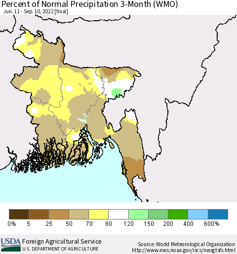 Bangladesh Percent of Normal Precipitation 3-Month (WMO) Thematic Map For 6/11/2022 - 9/10/2022