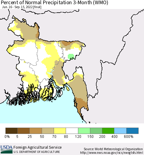 Bangladesh Percent of Normal Precipitation 3-Month (WMO) Thematic Map For 6/16/2022 - 9/15/2022
