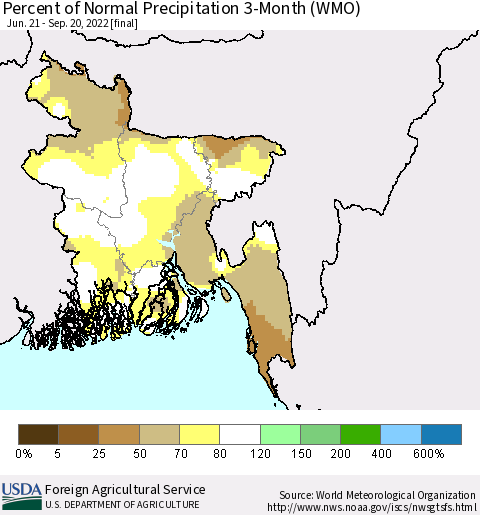 Bangladesh Percent of Normal Precipitation 3-Month (WMO) Thematic Map For 6/21/2022 - 9/20/2022