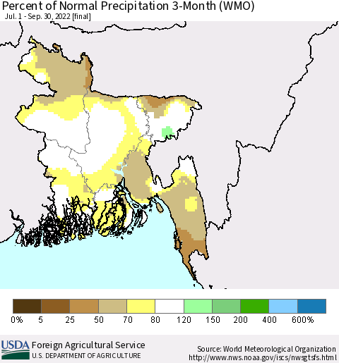 Bangladesh Percent of Normal Precipitation 3-Month (WMO) Thematic Map For 7/1/2022 - 9/30/2022