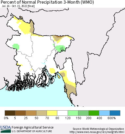 Bangladesh Percent of Normal Precipitation 3-Month (WMO) Thematic Map For 7/16/2022 - 10/15/2022