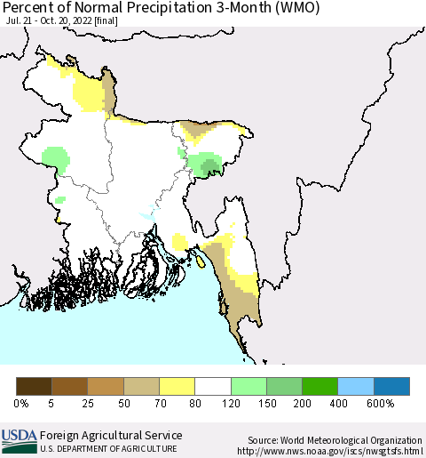 Bangladesh Percent of Normal Precipitation 3-Month (WMO) Thematic Map For 7/21/2022 - 10/20/2022
