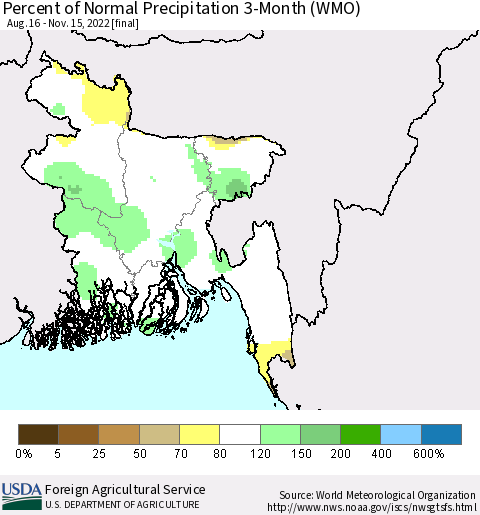 Bangladesh Percent of Normal Precipitation 3-Month (WMO) Thematic Map For 8/16/2022 - 11/15/2022