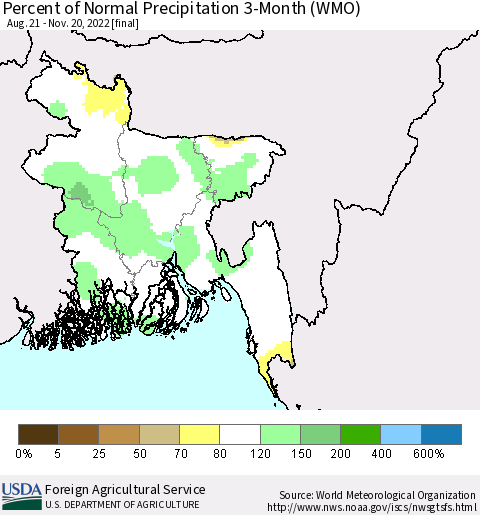 Bangladesh Percent of Normal Precipitation 3-Month (WMO) Thematic Map For 8/21/2022 - 11/20/2022