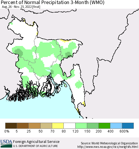 Bangladesh Percent of Normal Precipitation 3-Month (WMO) Thematic Map For 8/26/2022 - 11/25/2022