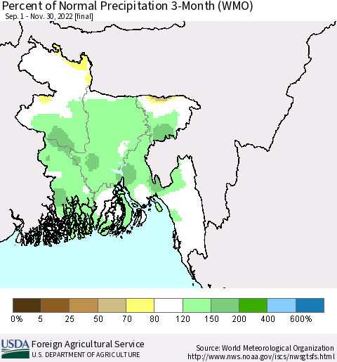 Bangladesh Percent of Normal Precipitation 3-Month (WMO) Thematic Map For 9/1/2022 - 11/30/2022