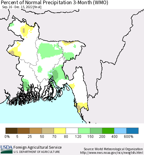 Bangladesh Percent of Normal Precipitation 3-Month (WMO) Thematic Map For 9/16/2022 - 12/15/2022