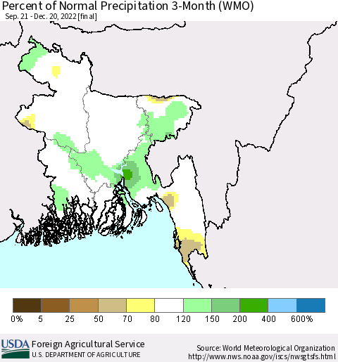 Bangladesh Percent of Normal Precipitation 3-Month (WMO) Thematic Map For 9/21/2022 - 12/20/2022
