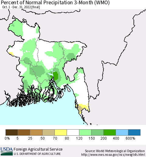 Bangladesh Percent of Normal Precipitation 3-Month (WMO) Thematic Map For 10/1/2022 - 12/31/2022
