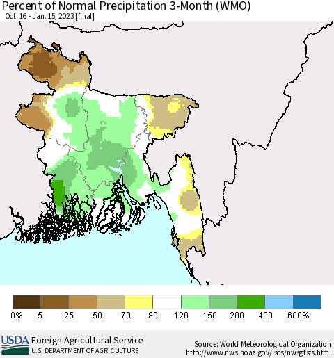 Bangladesh Percent of Normal Precipitation 3-Month (WMO) Thematic Map For 10/16/2022 - 1/15/2023