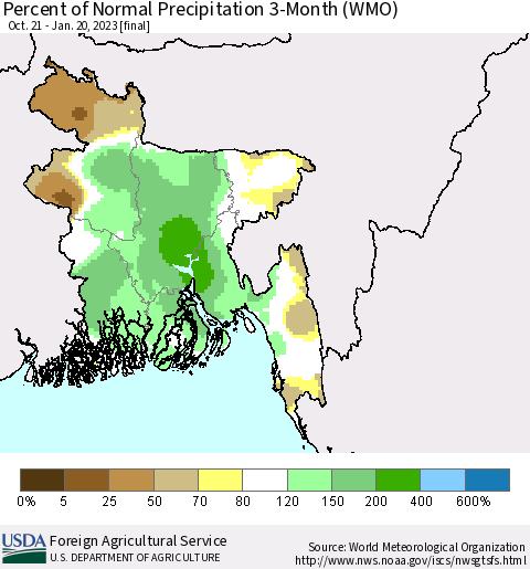 Bangladesh Percent of Normal Precipitation 3-Month (WMO) Thematic Map For 10/21/2022 - 1/20/2023