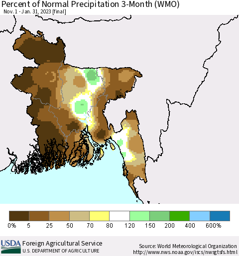 Bangladesh Percent of Normal Precipitation 3-Month (WMO) Thematic Map For 11/1/2022 - 1/31/2023