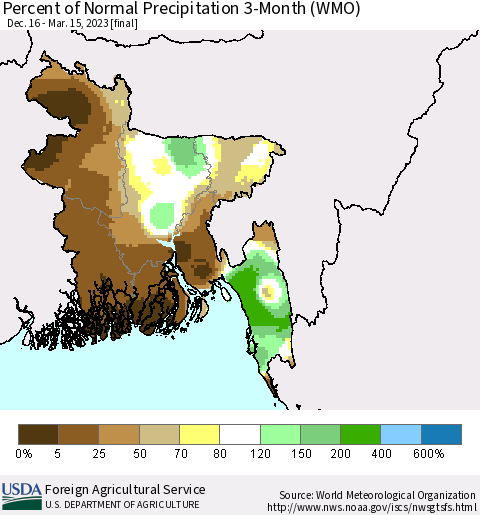Bangladesh Percent of Normal Precipitation 3-Month (WMO) Thematic Map For 12/16/2022 - 3/15/2023