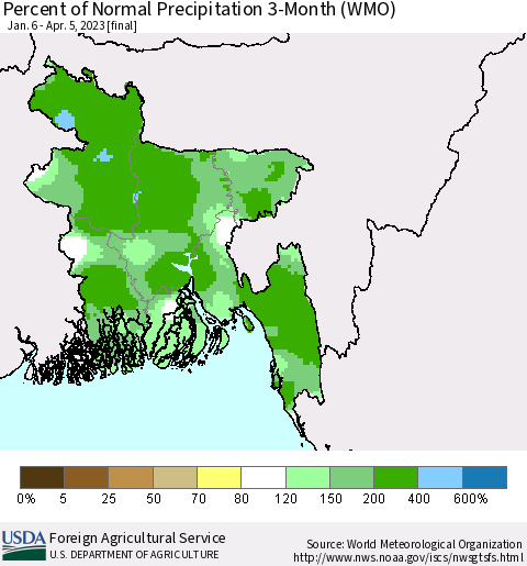 Bangladesh Percent of Normal Precipitation 3-Month (WMO) Thematic Map For 1/6/2023 - 4/5/2023