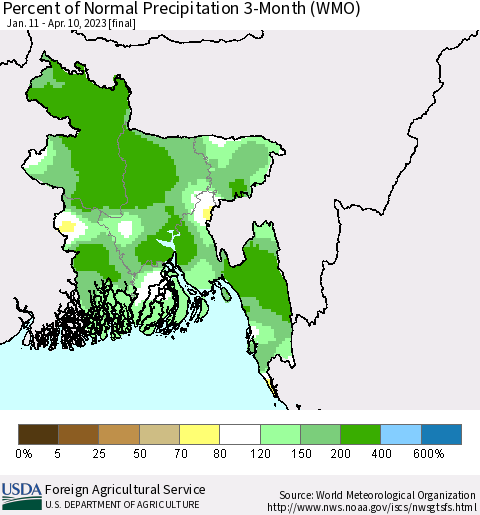 Bangladesh Percent of Normal Precipitation 3-Month (WMO) Thematic Map For 1/11/2023 - 4/10/2023