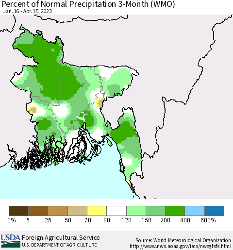 Bangladesh Percent of Normal Precipitation 3-Month (WMO) Thematic Map For 1/16/2023 - 4/15/2023