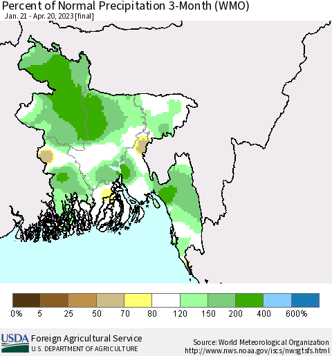 Bangladesh Percent of Normal Precipitation 3-Month (WMO) Thematic Map For 1/21/2023 - 4/20/2023
