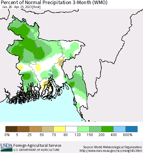 Bangladesh Percent of Normal Precipitation 3-Month (WMO) Thematic Map For 1/26/2023 - 4/25/2023
