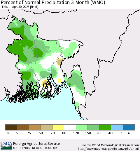Bangladesh Percent of Normal Precipitation 3-Month (WMO) Thematic Map For 2/1/2023 - 4/30/2023