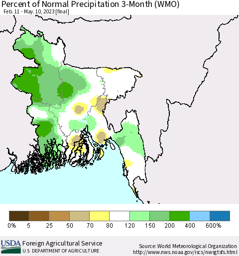 Bangladesh Percent of Normal Precipitation 3-Month (WMO) Thematic Map For 2/11/2023 - 5/10/2023