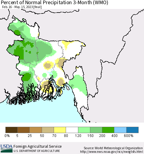 Bangladesh Percent of Normal Precipitation 3-Month (WMO) Thematic Map For 2/16/2023 - 5/15/2023