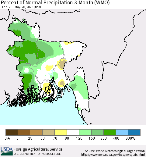 Bangladesh Percent of Normal Precipitation 3-Month (WMO) Thematic Map For 2/21/2023 - 5/20/2023