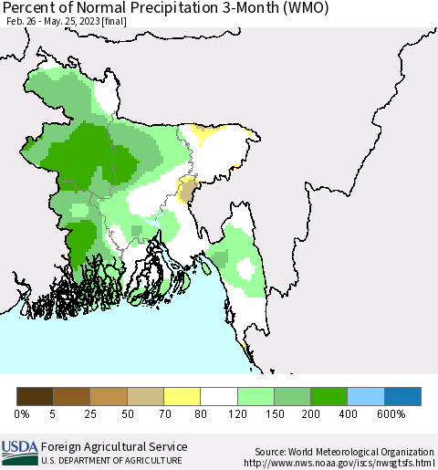 Bangladesh Percent of Normal Precipitation 3-Month (WMO) Thematic Map For 2/26/2023 - 5/25/2023