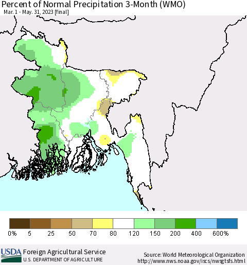 Bangladesh Percent of Normal Precipitation 3-Month (WMO) Thematic Map For 3/1/2023 - 5/31/2023