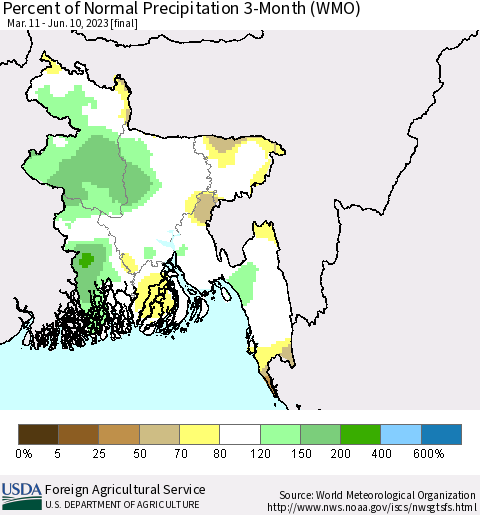 Bangladesh Percent of Normal Precipitation 3-Month (WMO) Thematic Map For 3/11/2023 - 6/10/2023
