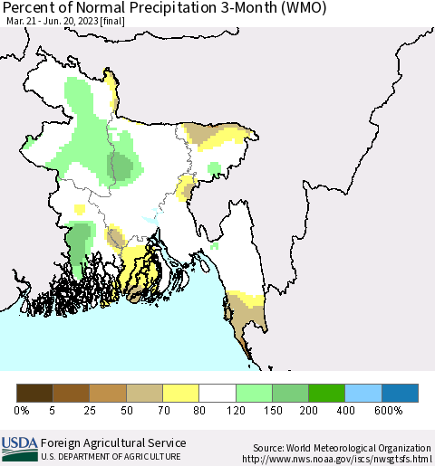 Bangladesh Percent of Normal Precipitation 3-Month (WMO) Thematic Map For 3/21/2023 - 6/20/2023