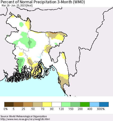 Bangladesh Percent of Normal Precipitation 3-Month (WMO) Thematic Map For 3/26/2023 - 6/25/2023