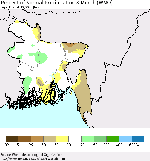 Bangladesh Percent of Normal Precipitation 3-Month (WMO) Thematic Map For 4/11/2023 - 7/10/2023