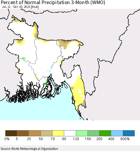 Bangladesh Percent of Normal Precipitation 3-Month (WMO) Thematic Map For 7/11/2023 - 10/10/2023