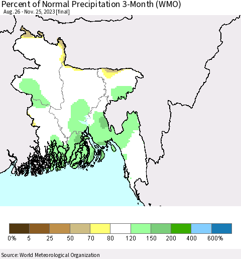 Bangladesh Percent of Normal Precipitation 3-Month (WMO) Thematic Map For 8/26/2023 - 11/25/2023
