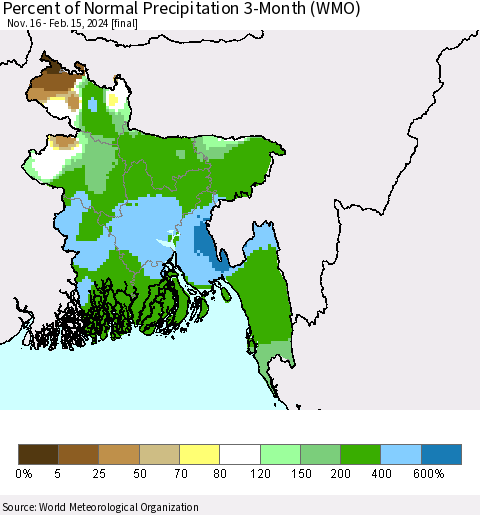 Bangladesh Percent of Normal Precipitation 3-Month (WMO) Thematic Map For 11/16/2023 - 2/15/2024